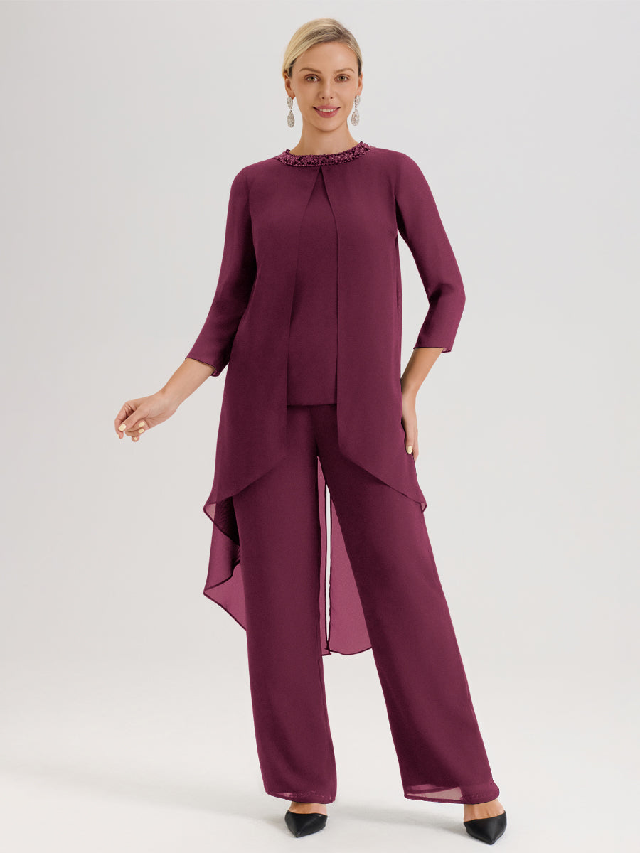 Cicinia Mûre Ensemble Pantalon 2 Pièces Pour Mère De La Mariée En Mousseline À Col Rond Et Manches Longues
