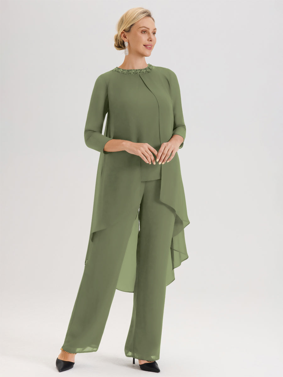 Cicinia Vert Olive Ensemble Pantalon 2 Pièces Pour Mère De La Mariée En Mousseline À Col Rond Et Manches Longues