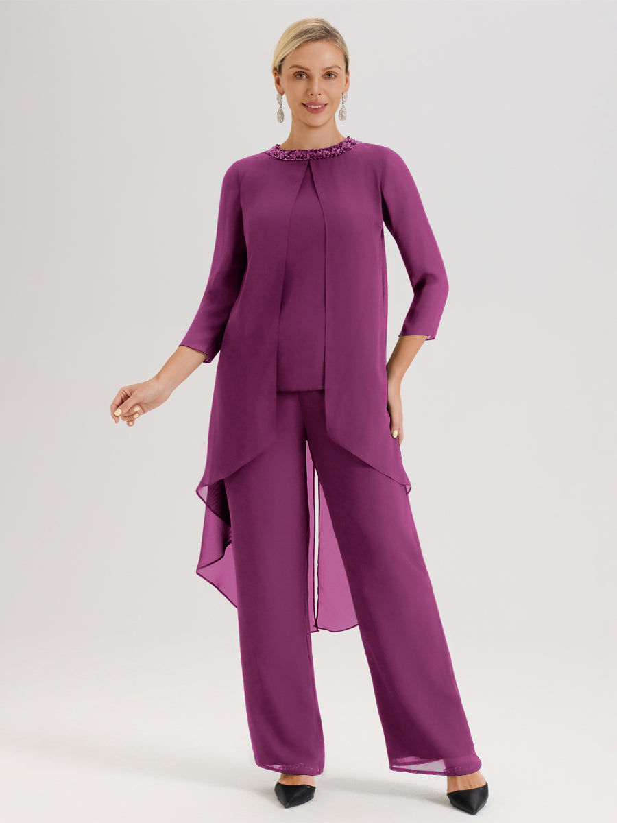 Cicinia Orchidée Ensemble Pantalon 2 Pièces Pour Mère De La Mariée En Mousseline À Col Rond Et Manches Longues