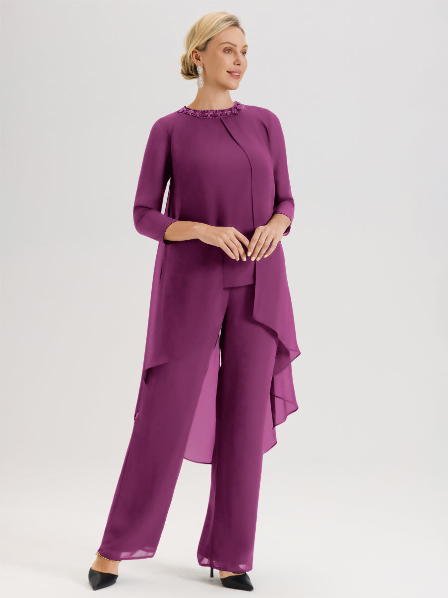 Cicinia Orchidée Ensemble Pantalon 2 Pièces Pour Mère De La Mariée En Mousseline À Col Rond Et Manches Longues