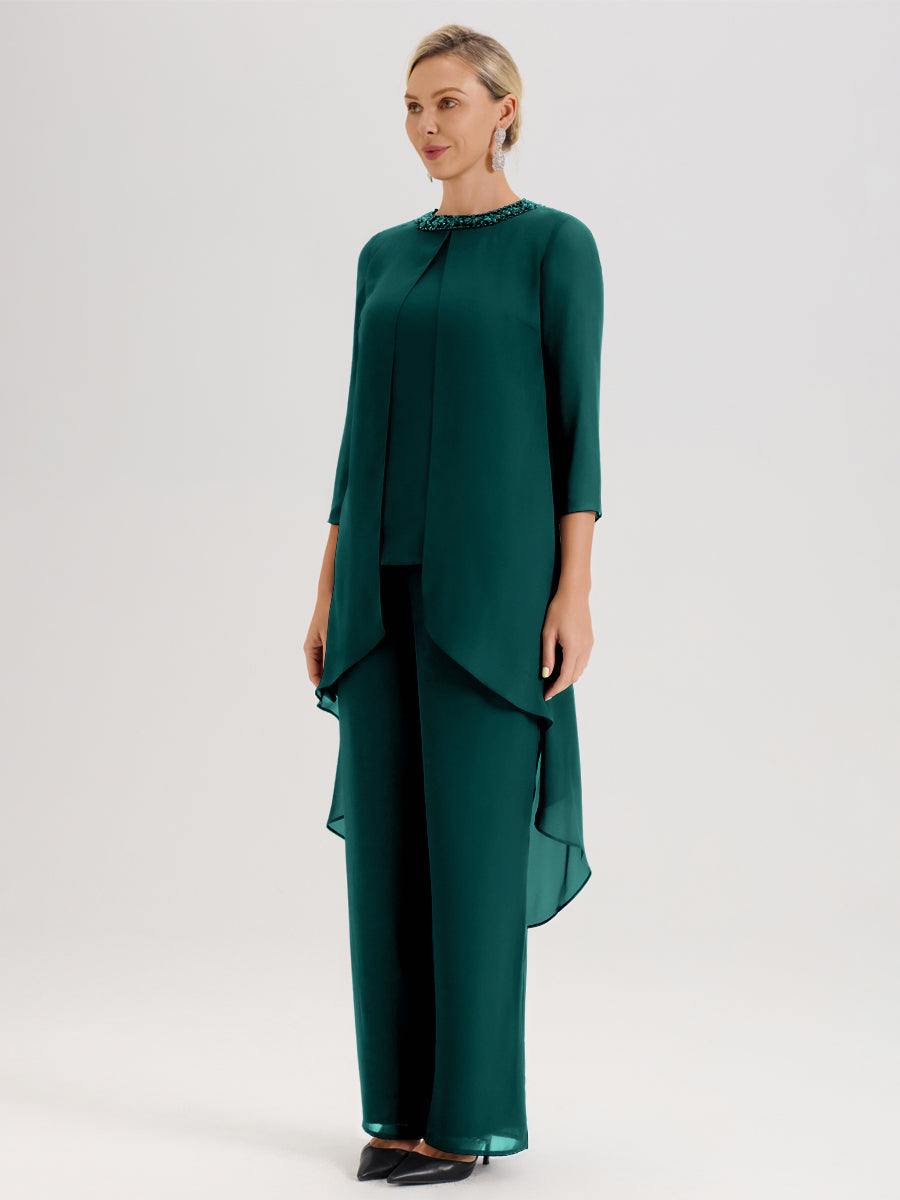 Cicinia Paon Ensemble Pantalon 2 Pièces Pour Mère De La Mariée En Mousseline À Col Rond Et Manches Longues