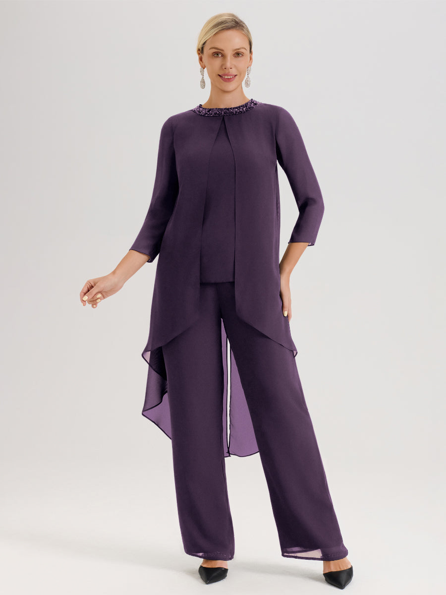 Cicinia Plum Ensemble Pantalon 2 Pièces Pour Mère De La Mariée En Mousseline À Col Rond Et Manches Longues
