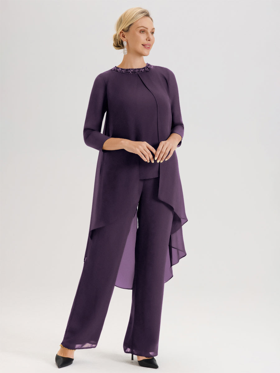 Cicinia Plum Ensemble Pantalon 2 Pièces Pour Mère De La Mariée En Mousseline À Col Rond Et Manches Longues