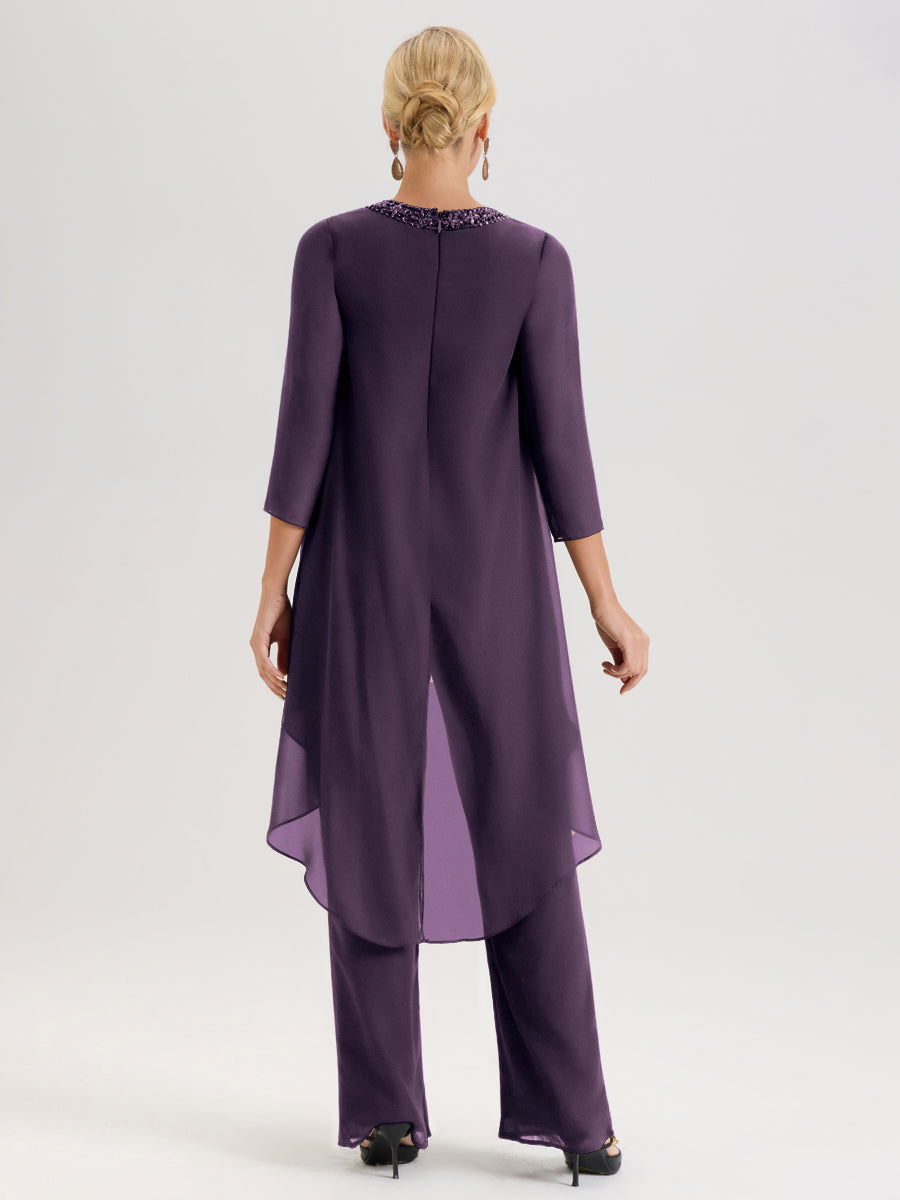 Cicinia Plum Ensemble Pantalon 2 Pièces Pour Mère De La Mariée En Mousseline À Col Rond Et Manches Longues