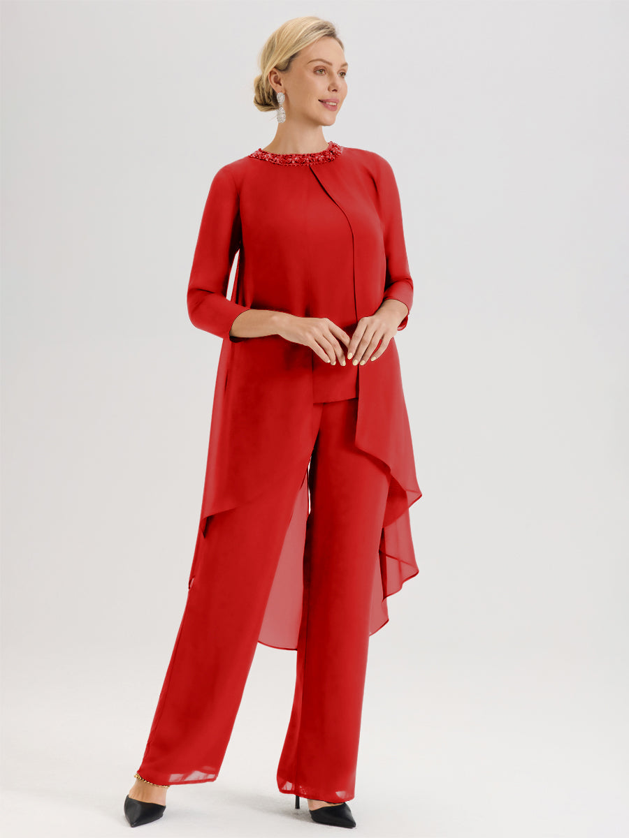 Cicinia Rouge Ensemble Pantalon 2 Pièces Pour Mère De La Mariée En Mousseline À Col Rond Et Manches Longues