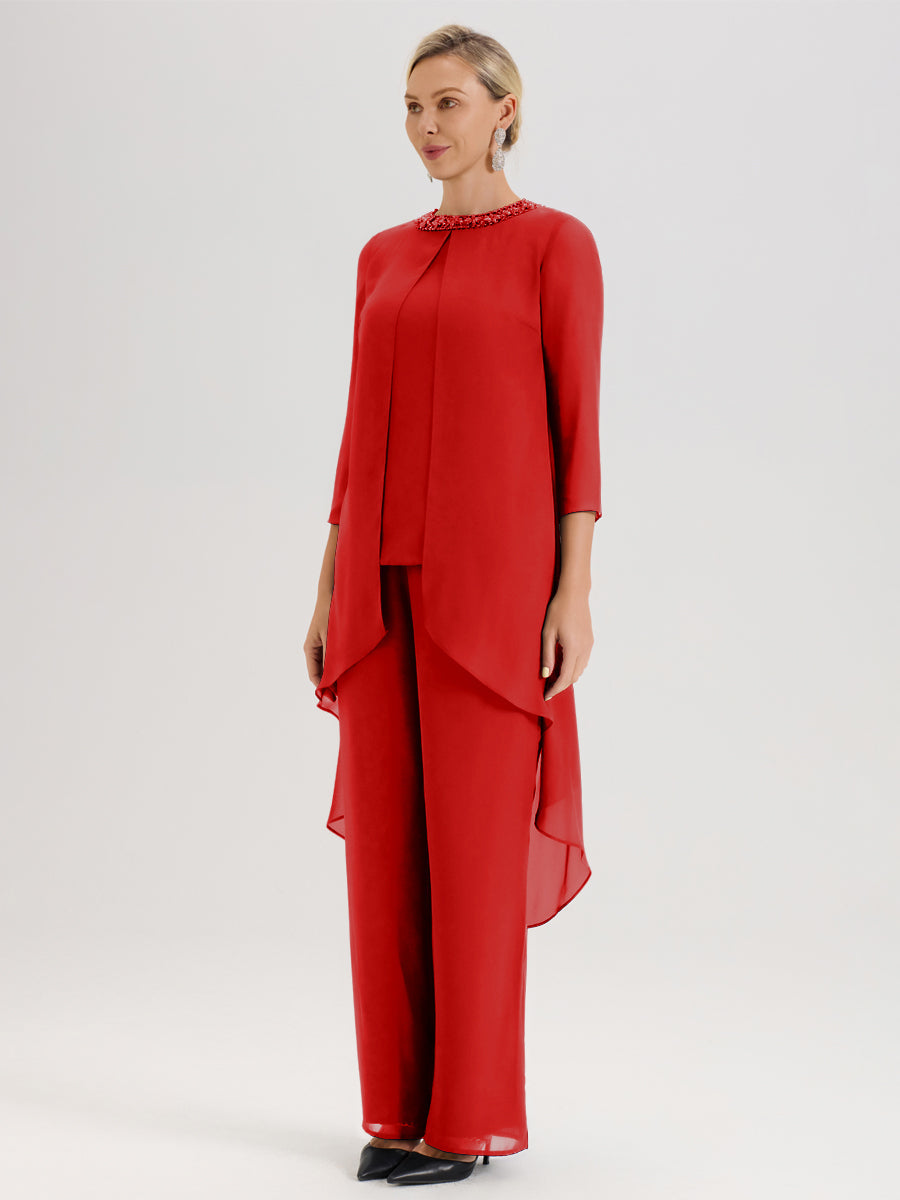 Cicinia Rouge Ensemble Pantalon 2 Pièces Pour Mère De La Mariée En Mousseline À Col Rond Et Manches Longues