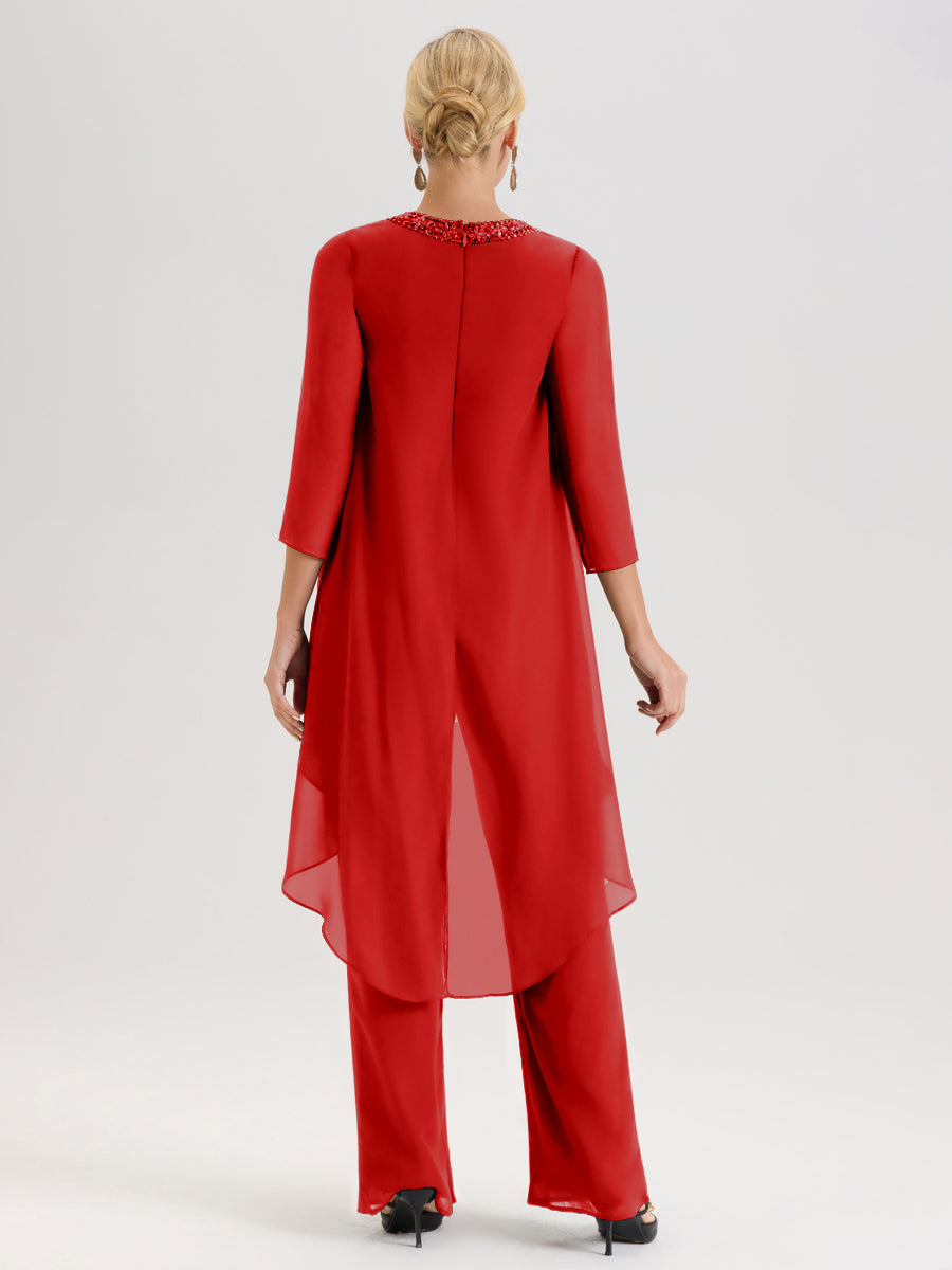 Cicinia Rouge Ensemble Pantalon 2 Pièces Pour Mère De La Mariée En Mousseline À Col Rond Et Manches Longues