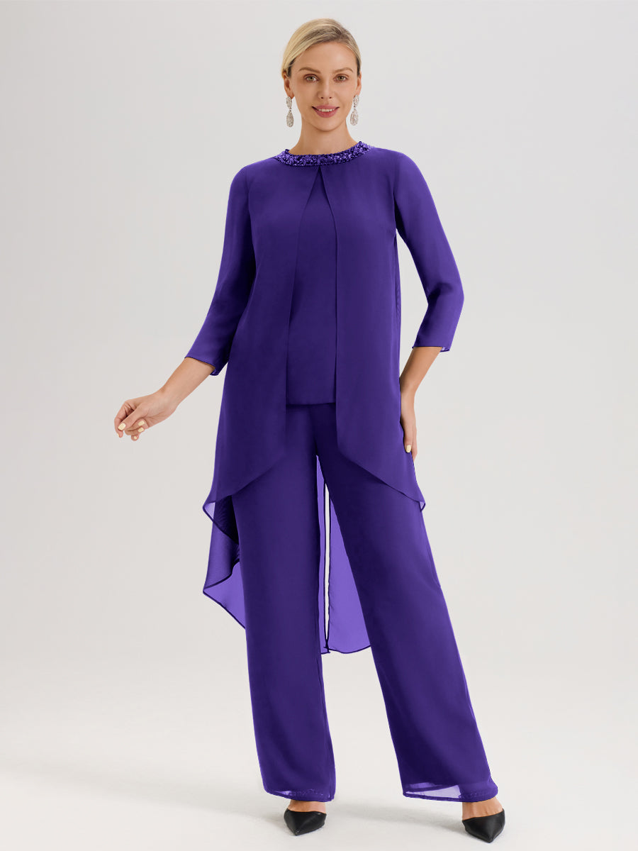 Cicinia Régence Ensemble Pantalon 2 Pièces Pour Mère De La Mariée En Mousseline À Col Rond Et Manches Longues