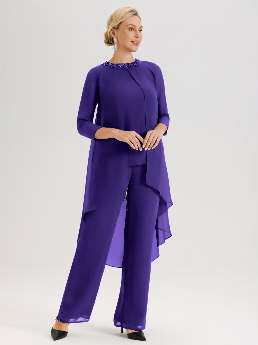 Cicinia Régence Ensemble Pantalon 2 Pièces Pour Mère De La Mariée En Mousseline À Col Rond Et Manches Longues