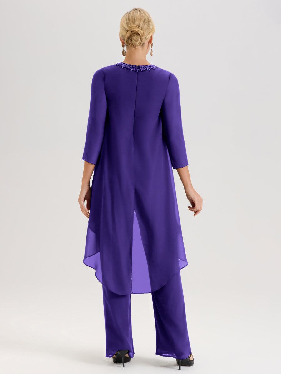 Cicinia Régence Ensemble Pantalon 2 Pièces Pour Mère De La Mariée En Mousseline À Col Rond Et Manches Longues