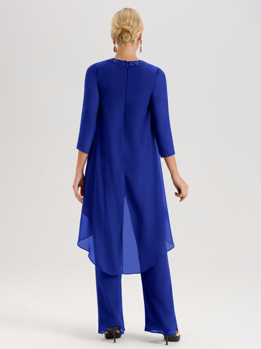Cicinia Bleu Royale Ensemble Pantalon 2 Pièces Pour Mère De La Mariée En Mousseline À Col Rond Et Manches Longues