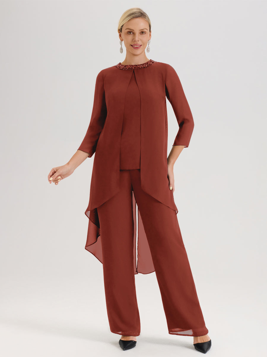 Cicinia Rouille Ensemble Pantalon 2 Pièces Pour Mère De La Mariée En Mousseline À Col Rond Et Manches Longues