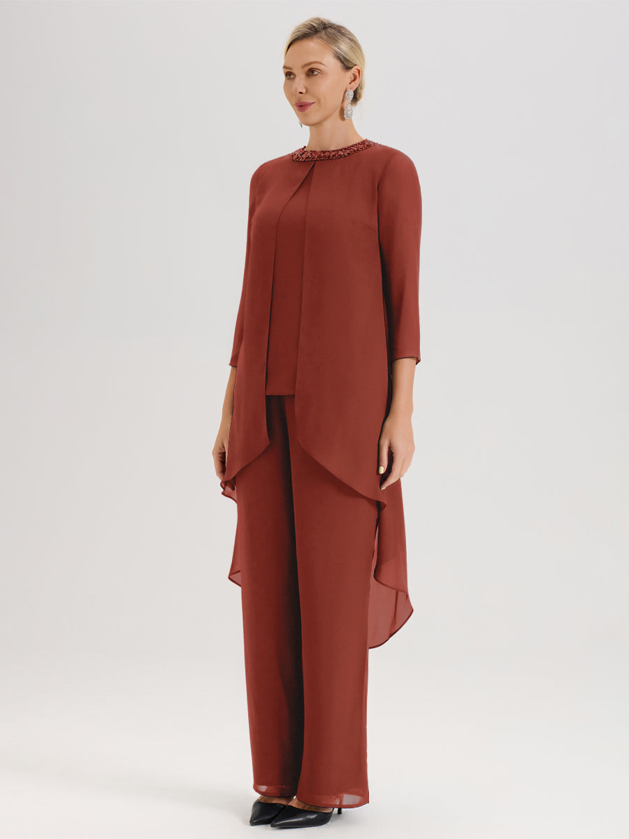 Cicinia Rouille Ensemble Pantalon 2 Pièces Pour Mère De La Mariée En Mousseline À Col Rond Et Manches Longues