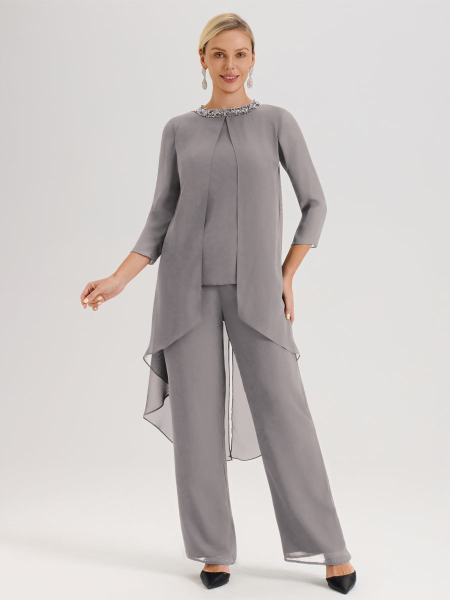 Cicinia Argent Ensemble Pantalon 2 Pièces Pour Mère De La Mariée En Mousseline À Col Rond Et Manches Longues