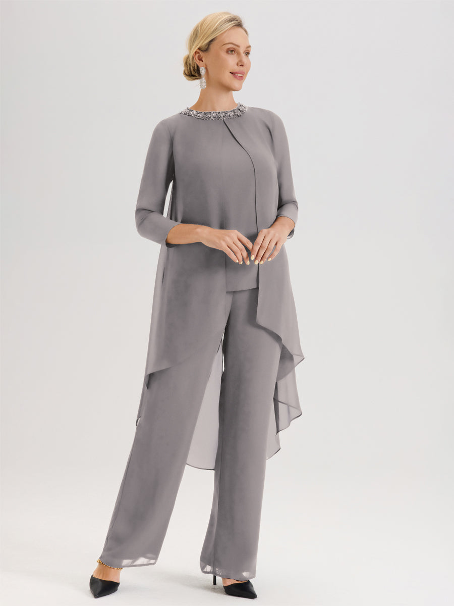 Cicinia Argent Ensemble Pantalon 2 Pièces Pour Mère De La Mariée En Mousseline À Col Rond Et Manches Longues