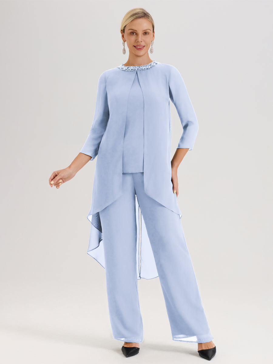 Cicinia Bleu Ciel Ensemble Pantalon 2 Pièces Pour Mère De La Mariée En Mousseline À Col Rond Et Manches Longues