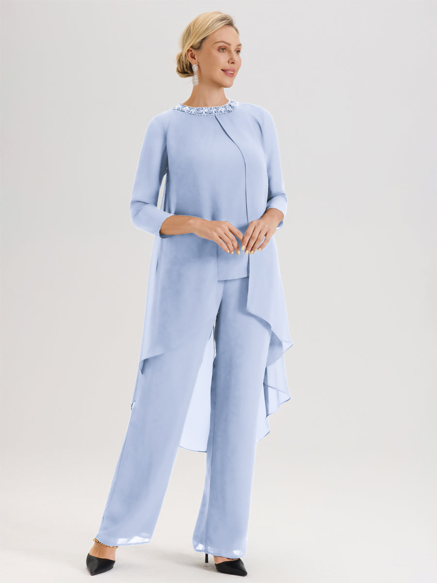Cicinia Bleu Ciel Ensemble Pantalon 2 Pièces Pour Mère De La Mariée En Mousseline À Col Rond Et Manches Longues