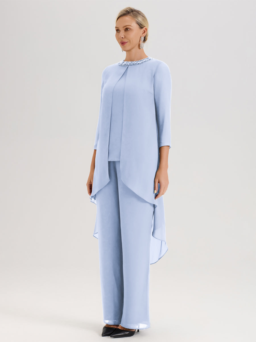 Cicinia Bleu Ciel Ensemble Pantalon 2 Pièces Pour Mère De La Mariée En Mousseline À Col Rond Et Manches Longues