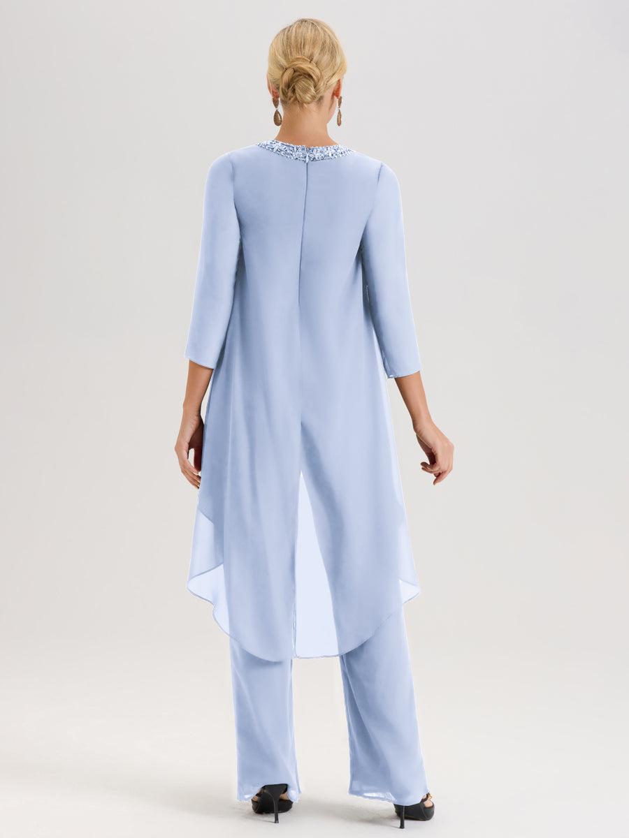 Cicinia Bleu Ciel Ensemble Pantalon 2 Pièces Pour Mère De La Mariée En Mousseline À Col Rond Et Manches Longues