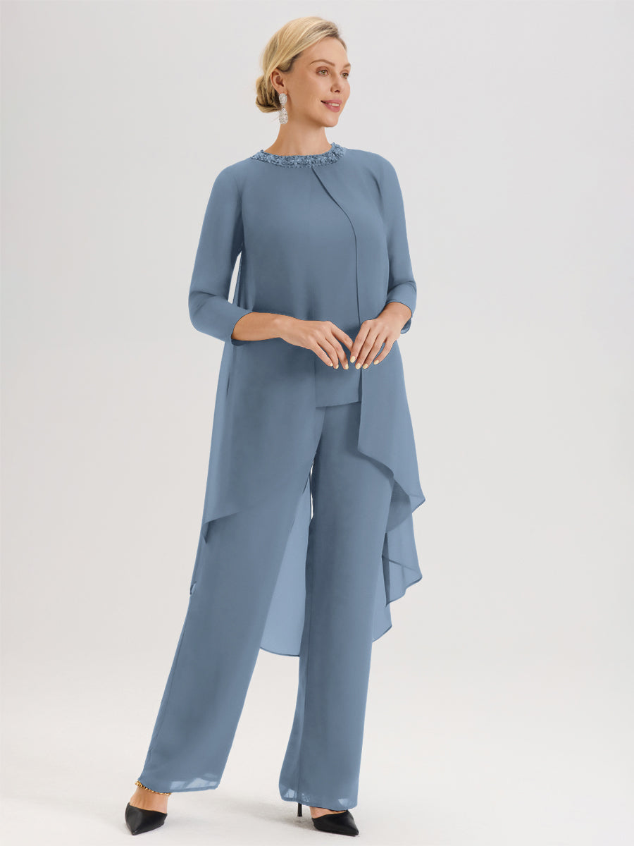 Cicinia Bleu De Schiste Ensemble Pantalon 2 Pièces Pour Mère De La Mariée En Mousseline À Col Rond Et Manches Longues
