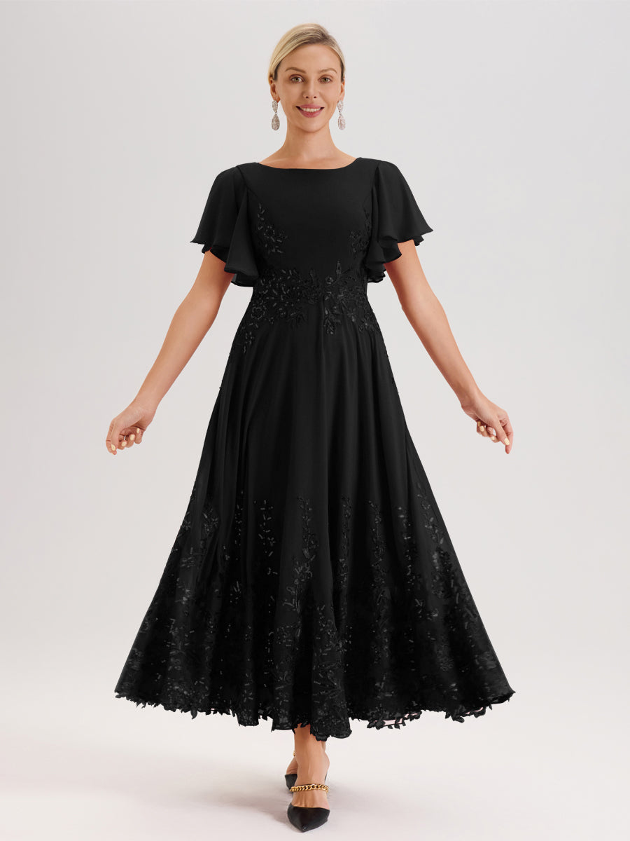 Cicinia Noir Robe De Mère De La Mariée Longue À La Cheville Ligne A En Dentelle Et Mousseline À Col Bateau Et Manches Courtes Volantées