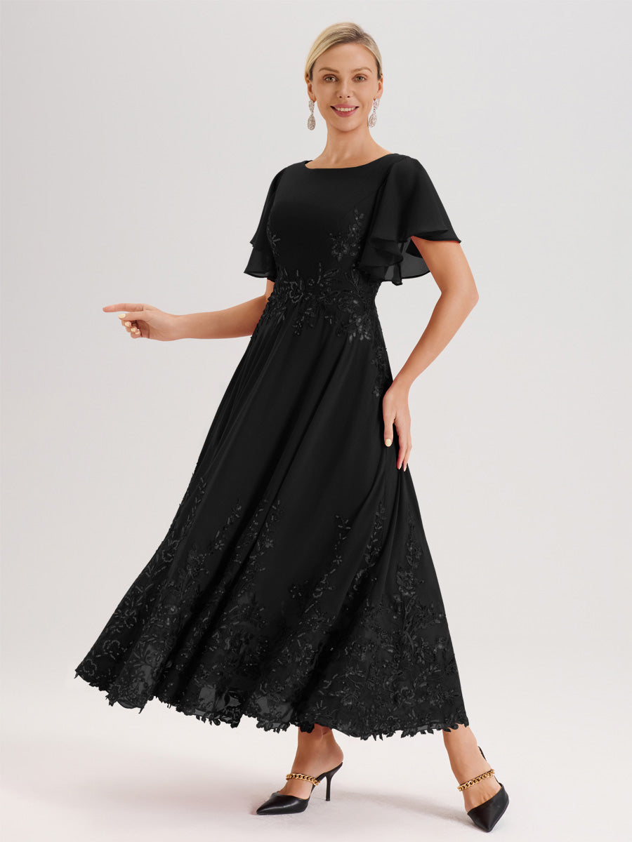 Cicinia Noir Robe De Mère De La Mariée Longue À La Cheville Ligne A En Dentelle Et Mousseline À Col Bateau Et Manches Courtes Volantées