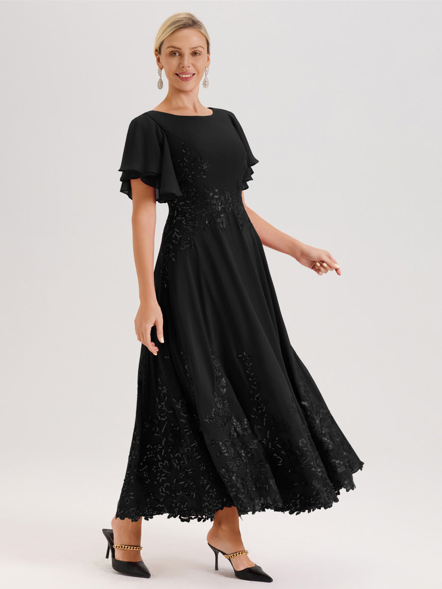 Cicinia Noir Robe De Mère De La Mariée Longue À La Cheville Ligne A En Dentelle Et Mousseline À Col Bateau Et Manches Courtes Volantées