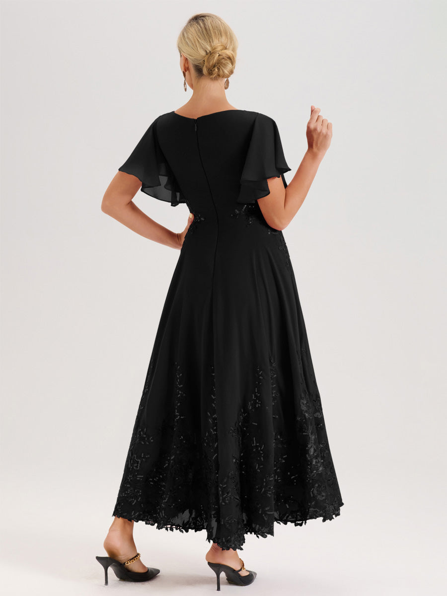 Cicinia Noir Robe De Mère De La Mariée Longue À La Cheville Ligne A En Dentelle Et Mousseline À Col Bateau Et Manches Courtes Volantées
