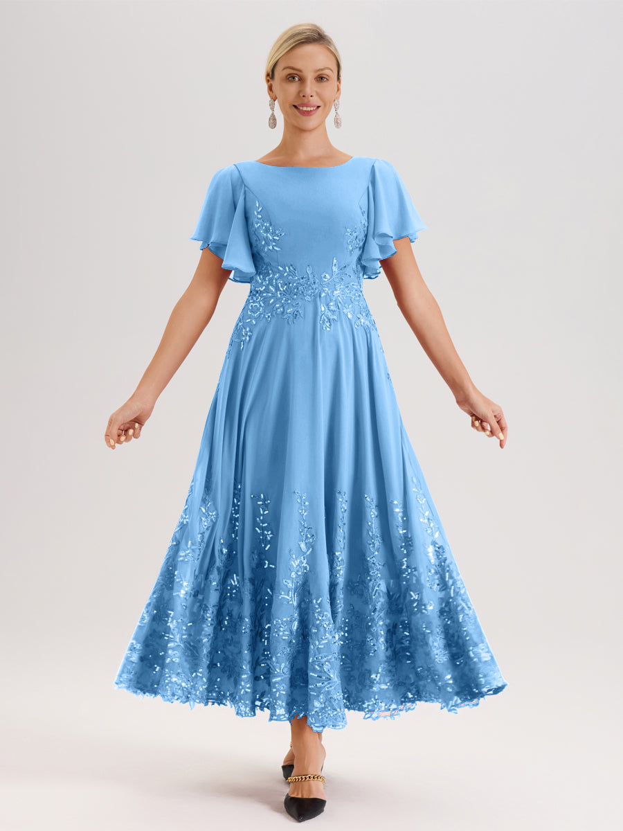 Cicinia Bleu Robe De Mère De La Mariée Longue À La Cheville Ligne A En Dentelle Et Mousseline À Col Bateau Et Manches Courtes Volantées