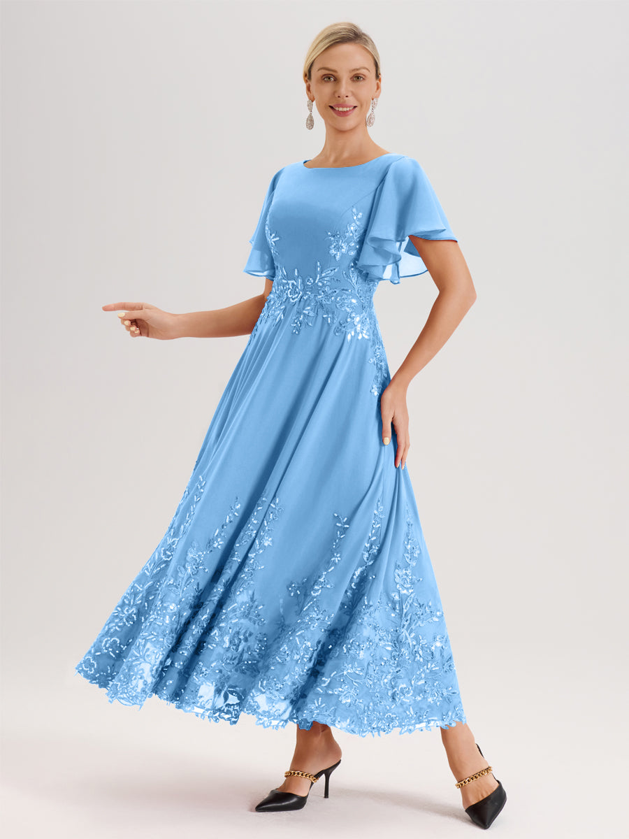 Cicinia Bleu Robe De Mère De La Mariée Longue À La Cheville Ligne A En Dentelle Et Mousseline À Col Bateau Et Manches Courtes Volantées