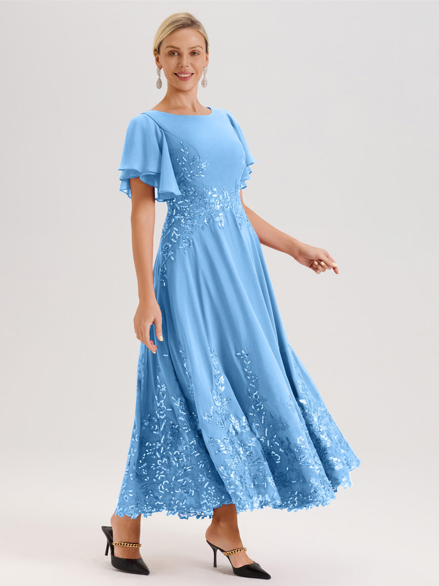 Cicinia Bleu Robe De Mère De La Mariée Longue À La Cheville Ligne A En Dentelle Et Mousseline À Col Bateau Et Manches Courtes Volantées