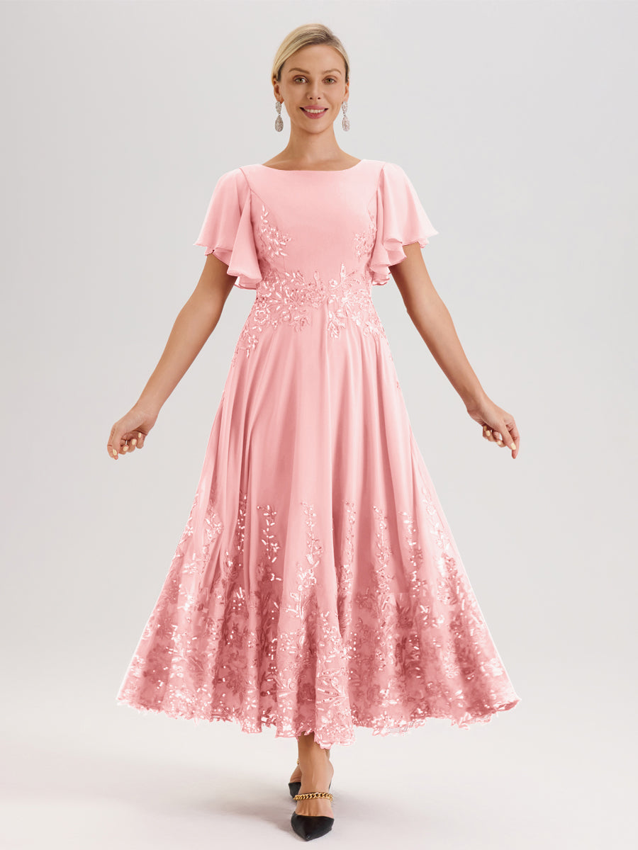 Cicinia Rose Robe De Mère De La Mariée Longue À La Cheville Ligne A En Dentelle Et Mousseline À Col Bateau Et Manches Courtes Volantées