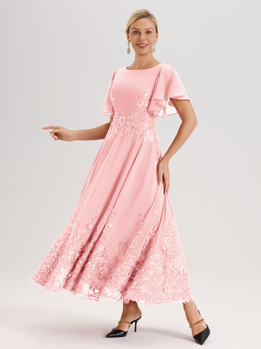 Cicinia Rose Robe De Mère De La Mariée Longue À La Cheville Ligne A En Dentelle Et Mousseline À Col Bateau Et Manches Courtes Volantées