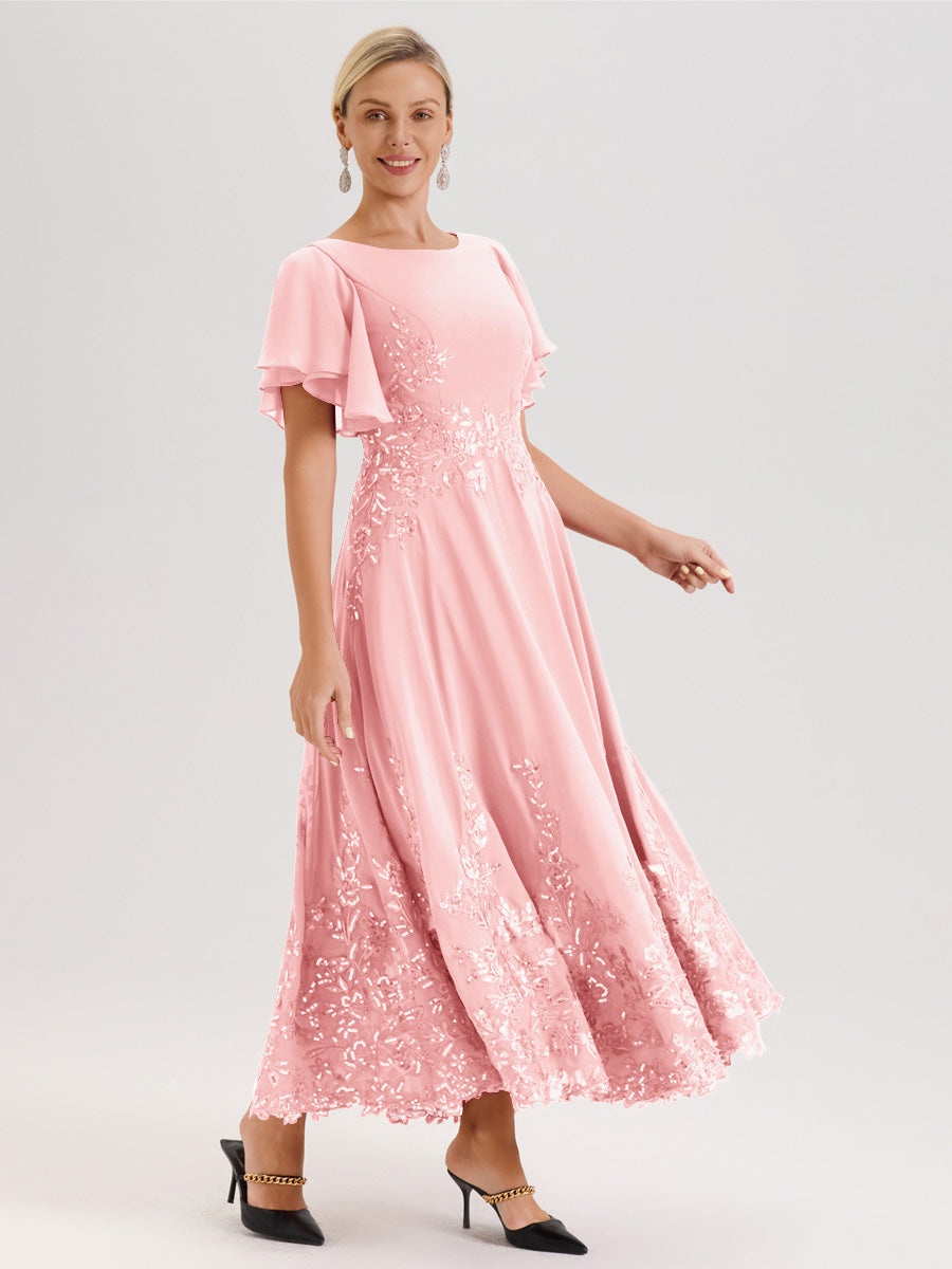 Cicinia Rose Robe De Mère De La Mariée Longue À La Cheville Ligne A En Dentelle Et Mousseline À Col Bateau Et Manches Courtes Volantées