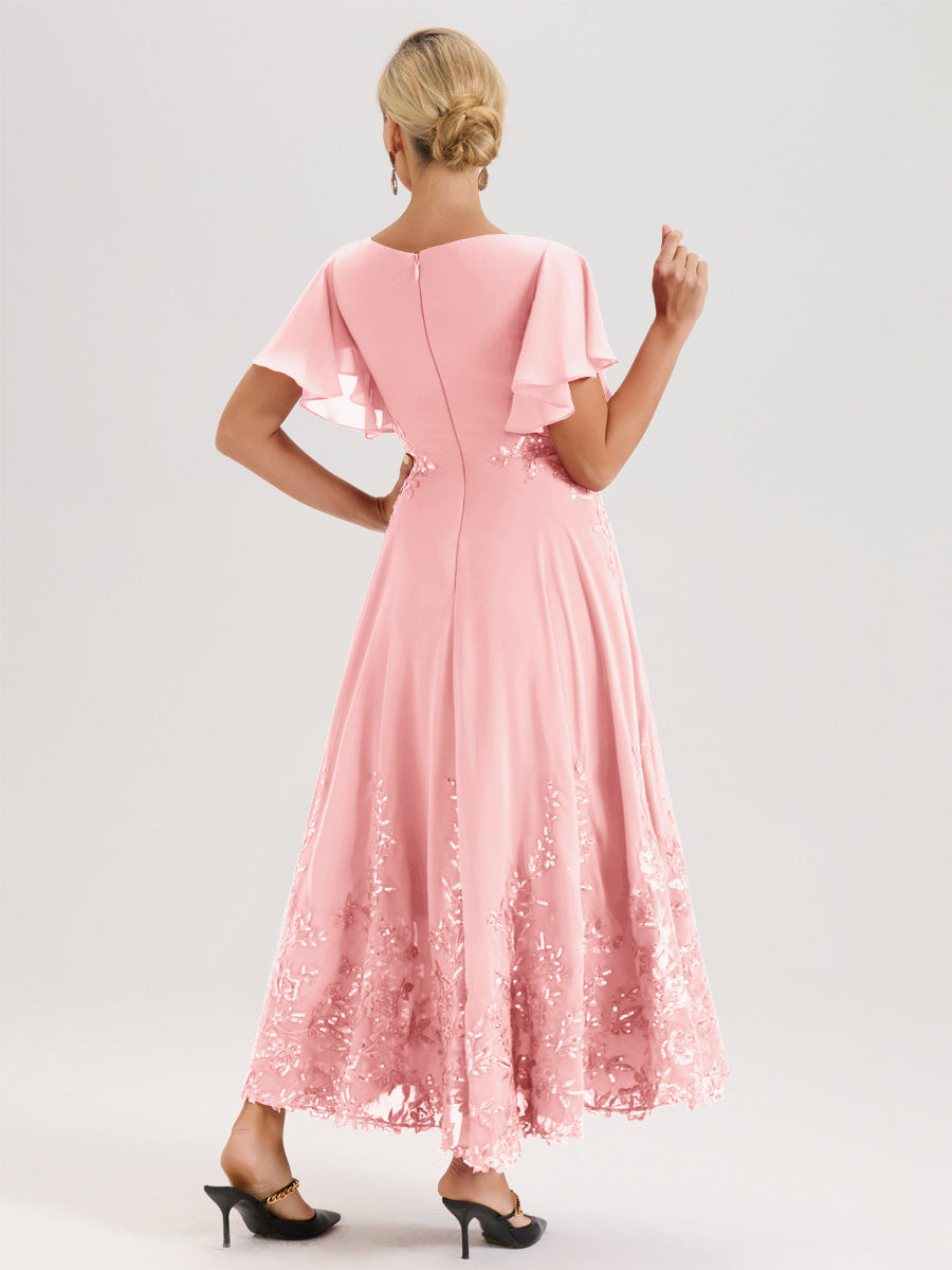 Cicinia Rose Robe De Mère De La Mariée Longue À La Cheville Ligne A En Dentelle Et Mousseline À Col Bateau Et Manches Courtes Volantées