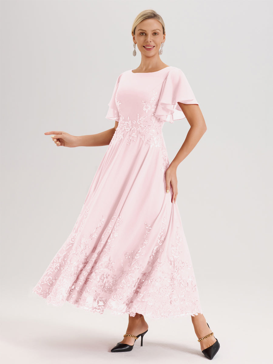 Cicinia Rose Pâle Robe De Mère De La Mariée Longue À La Cheville Ligne A En Dentelle Et Mousseline À Col Bateau Et Manches Courtes Volantées