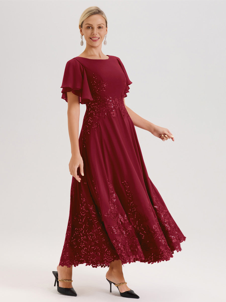 Cicinia Bordeaux Robe De Mère De La Mariée Longue À La Cheville Ligne A En Dentelle Et Mousseline À Col Bateau Et Manches Courtes Volantées