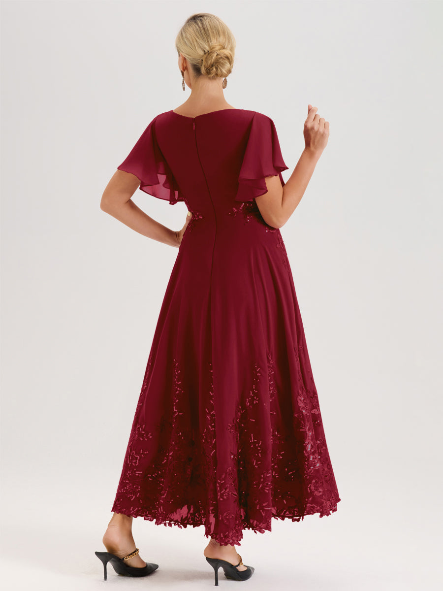 Cicinia Bordeaux Robe De Mère De La Mariée Longue À La Cheville Ligne A En Dentelle Et Mousseline À Col Bateau Et Manches Courtes Volantées