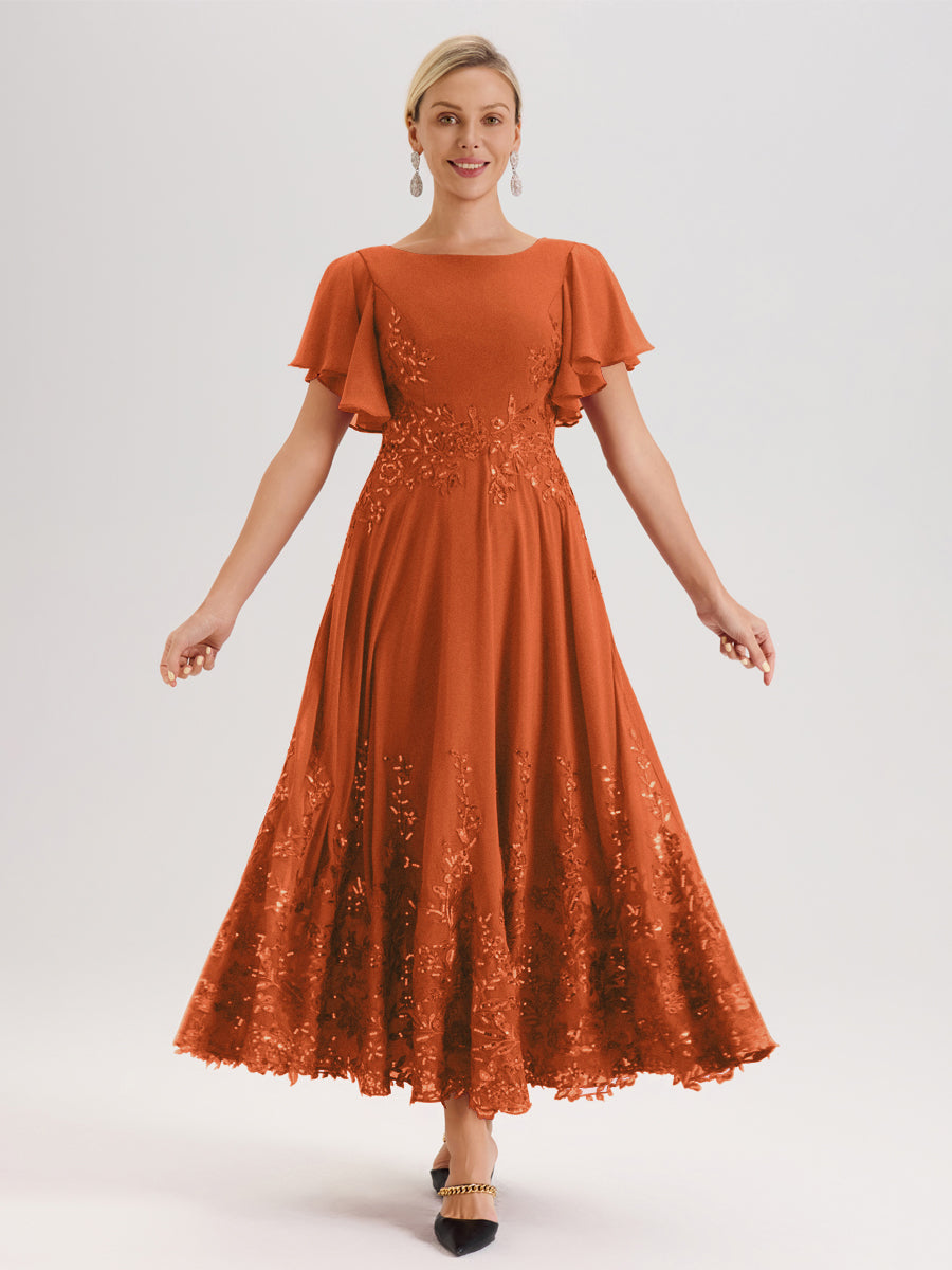 Cicinia Orange Brûlé Robe De Mère De La Mariée Longue À La Cheville Ligne A En Dentelle Et Mousseline À Col Bateau Et Manches Courtes Volantées