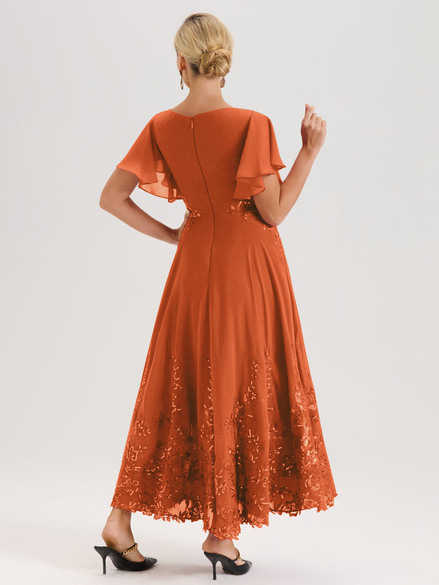 Cicinia Orange Brûlé Robe De Mère De La Mariée Longue À La Cheville Ligne A En Dentelle Et Mousseline À Col Bateau Et Manches Courtes Volantées