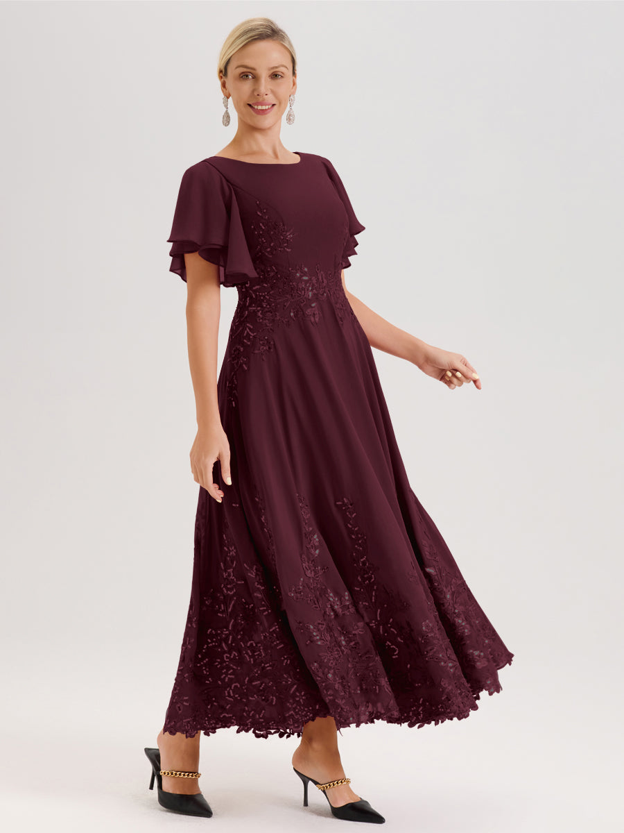 Cicinia Cabernet Robe De Mère De La Mariée Longue À La Cheville Ligne A En Dentelle Et Mousseline À Col Bateau Et Manches Courtes Volantées