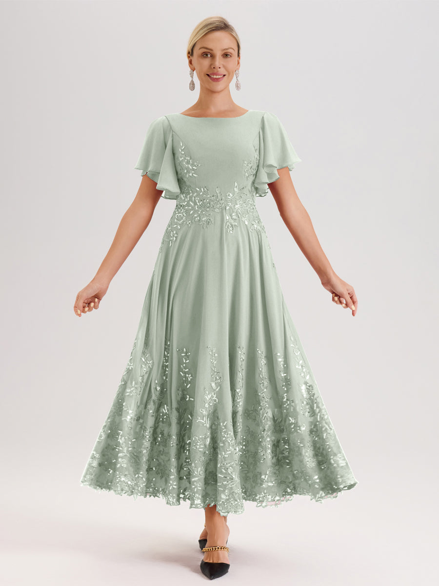 Cicinia Celadon Robe De Mère De La Mariée Longue À La Cheville Ligne A En Dentelle Et Mousseline À Col Bateau Et Manches Courtes Volantées