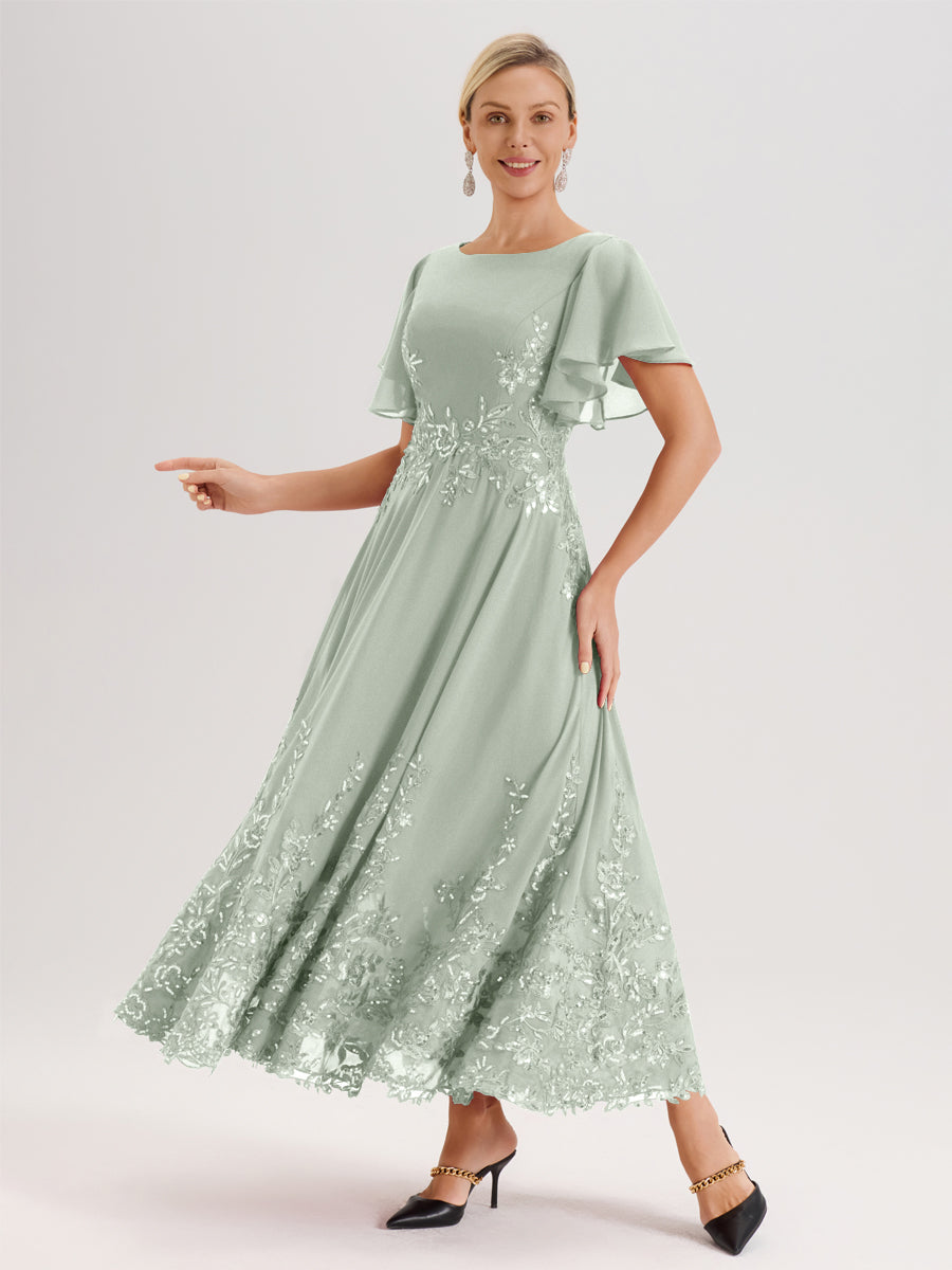 Cicinia Celadon Robe De Mère De La Mariée Longue À La Cheville Ligne A En Dentelle Et Mousseline À Col Bateau Et Manches Courtes Volantées