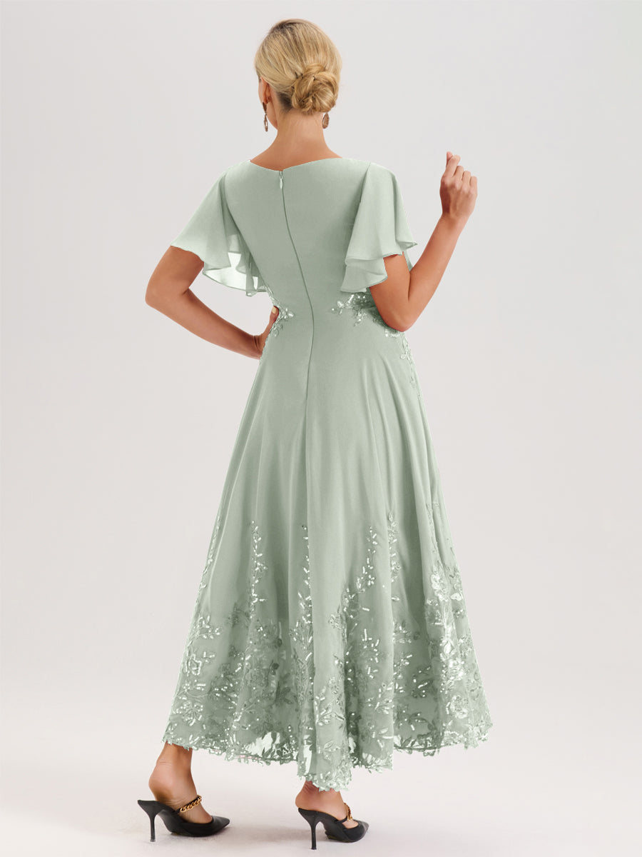 Cicinia Celadon Robe De Mère De La Mariée Longue À La Cheville Ligne A En Dentelle Et Mousseline À Col Bateau Et Manches Courtes Volantées