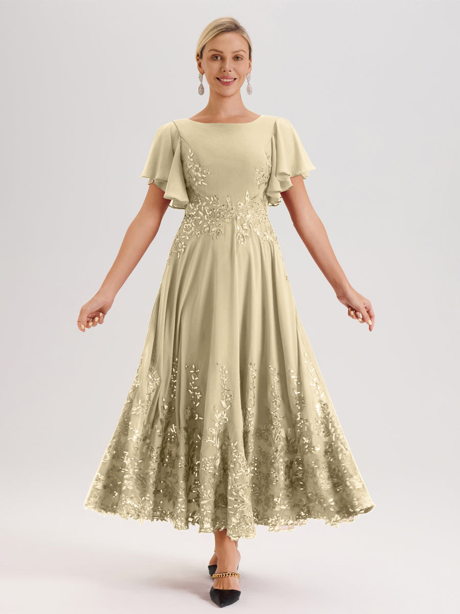 Cicinia Champagne Robe De Mère De La Mariée Longue À La Cheville Ligne A En Dentelle Et Mousseline À Col Bateau Et Manches Courtes Volantées