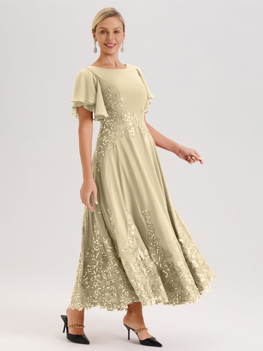 Cicinia Champagne Robe De Mère De La Mariée Longue À La Cheville Ligne A En Dentelle Et Mousseline À Col Bateau Et Manches Courtes Volantées