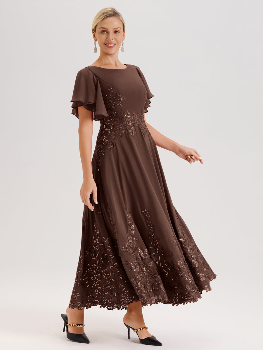 Cicinia Chocolat Robe De Mère De La Mariée Longue À La Cheville Ligne A En Dentelle Et Mousseline À Col Bateau Et Manches Courtes Volantées