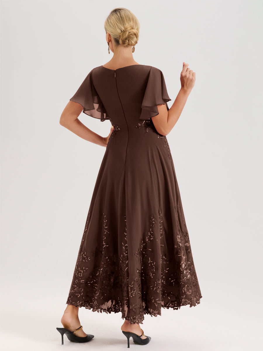 Cicinia Chocolat Robe De Mère De La Mariée Longue À La Cheville Ligne A En Dentelle Et Mousseline À Col Bateau Et Manches Courtes Volantées