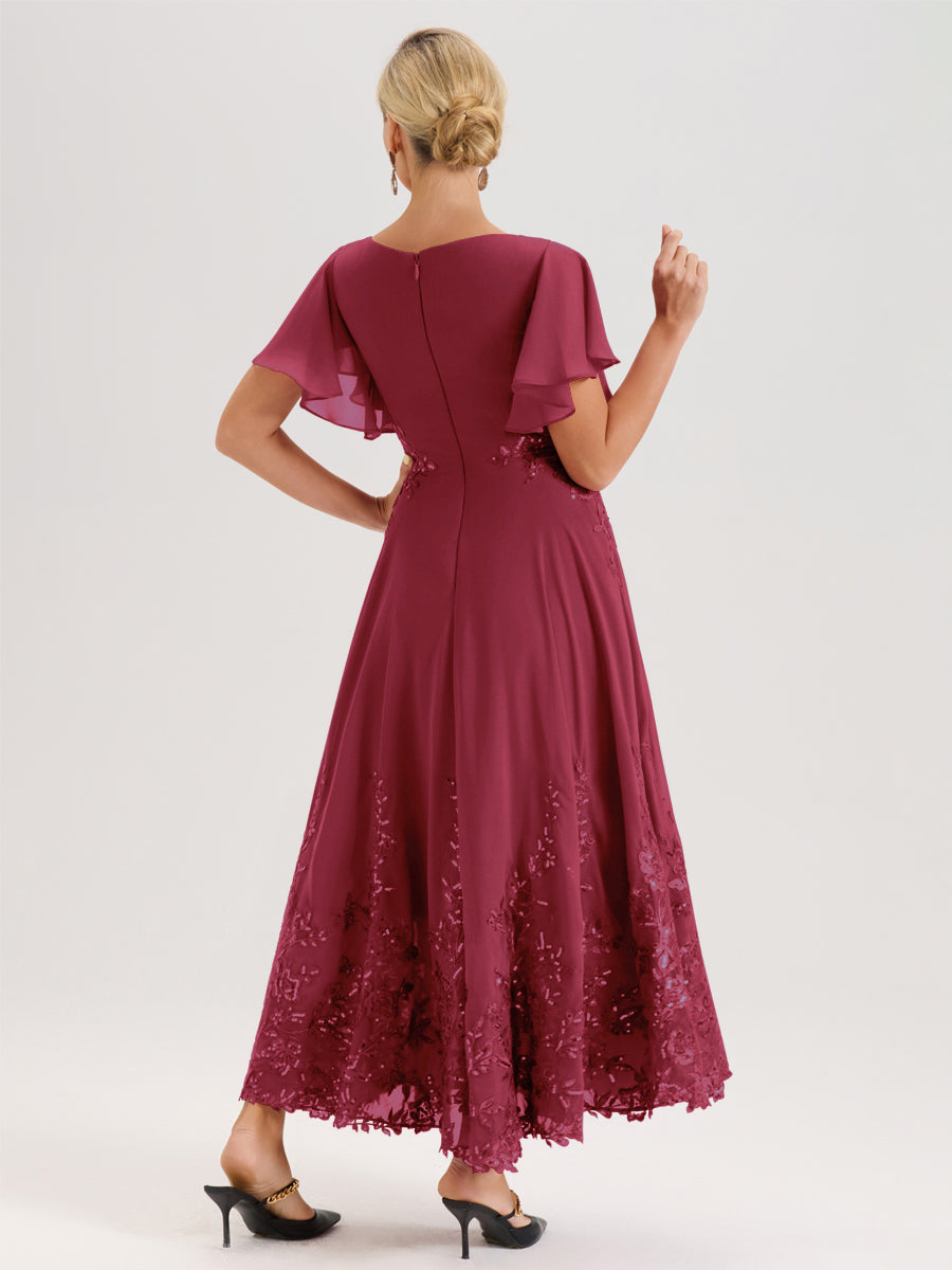 Cicinia Rose Cannelle Robe De Mère De La Mariée Longue À La Cheville Ligne A En Dentelle Et Mousseline À Col Bateau Et Manches Courtes Volantées