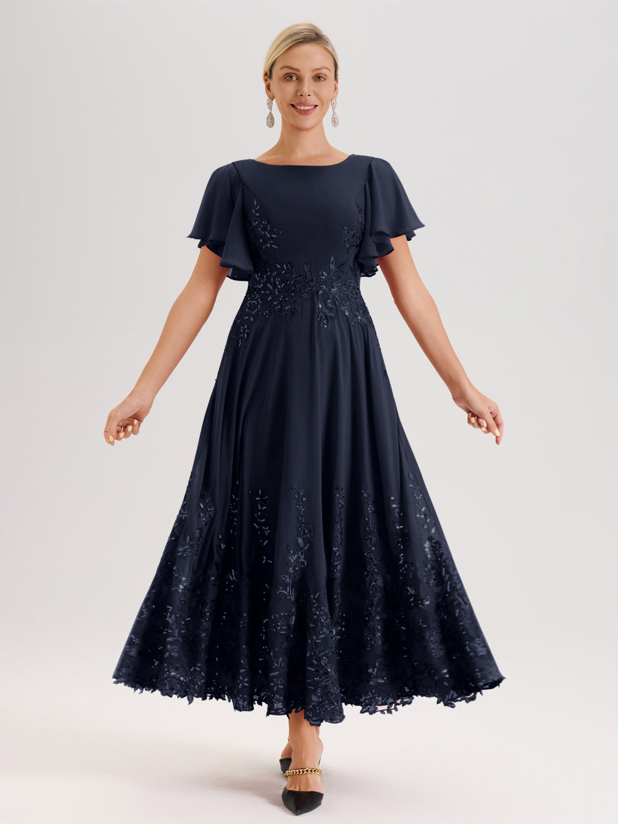 Cicinia Bleu Marine Robe De Mère De La Mariée Longue À La Cheville Ligne A En Dentelle Et Mousseline À Col Bateau Et Manches Courtes Volantées